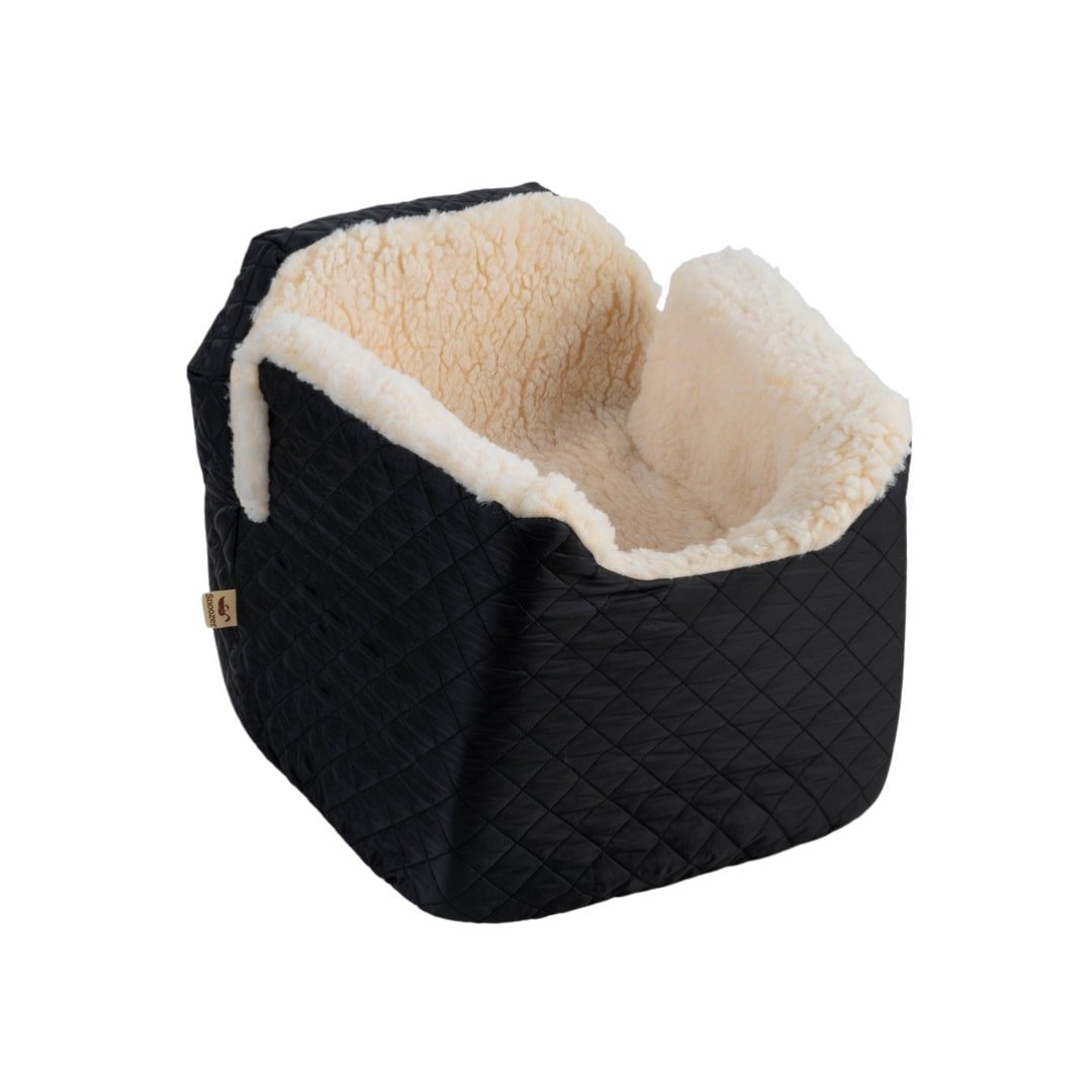Cozy Sherpa-Lined Pet Car Booster Seat – Quilted Travel Bed for Small Dogs & Cats (Black)