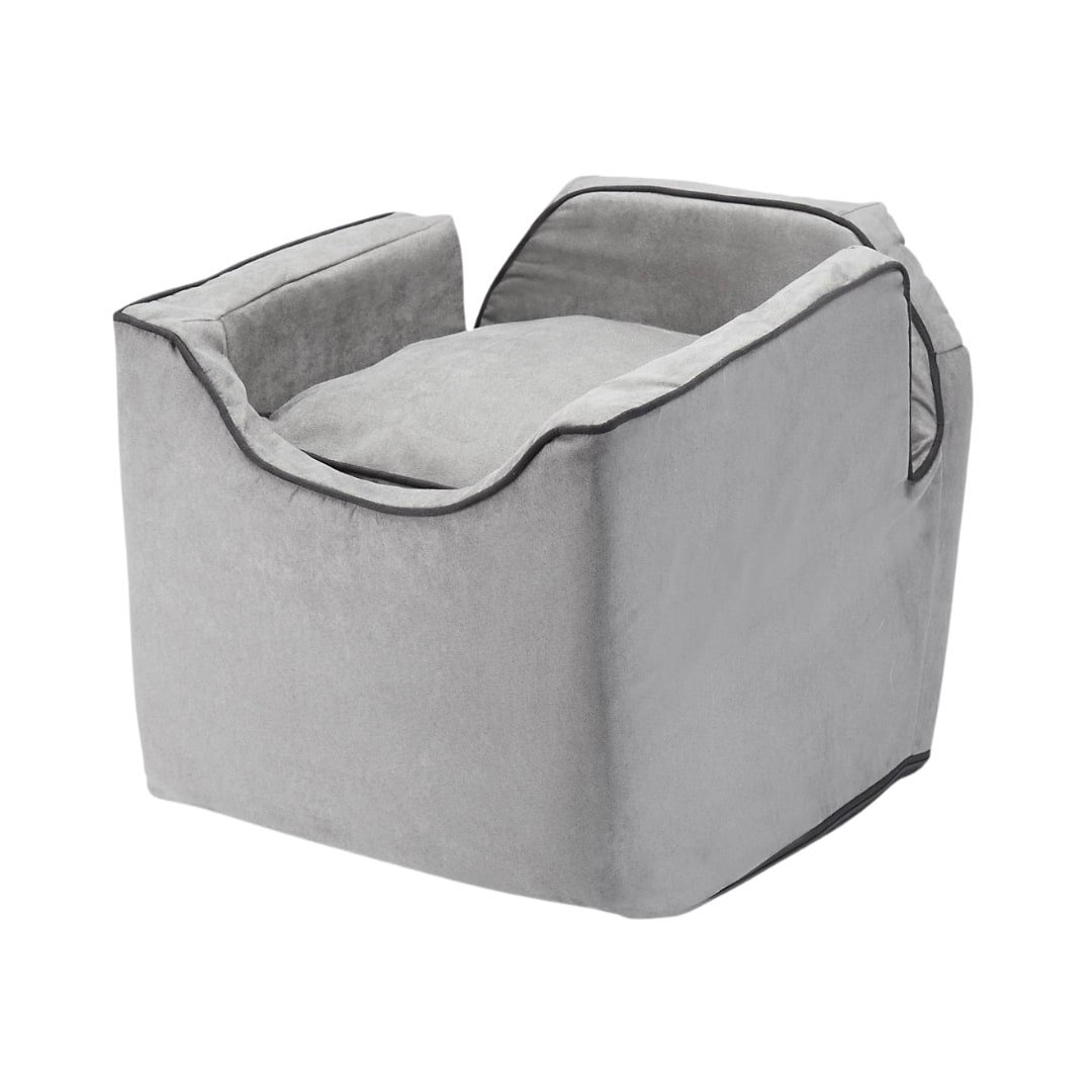 Deluxe Grey Plush Pet Car Booster Seat – Soft Elevated Travel Bed for Small Dogs & Cats